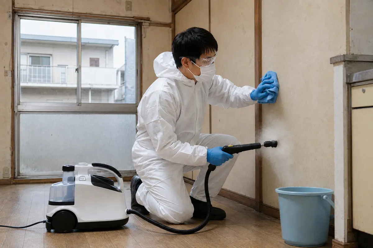 保護具を着用して室内清掃を行う作業イメージ